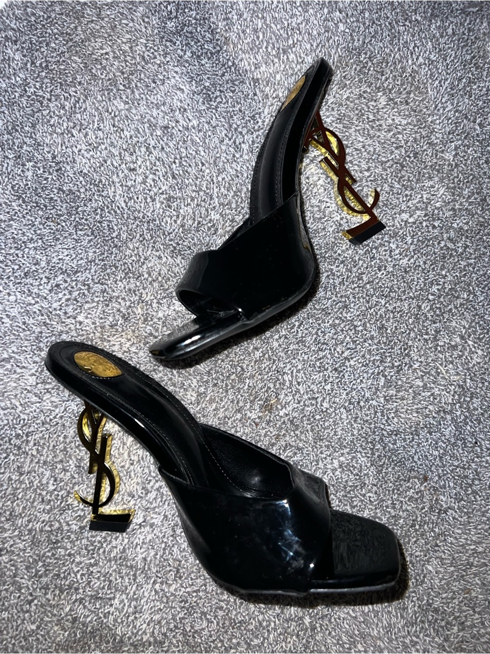 Yves Saint Laurent Black Patent Logo-Heel Mule Sandals